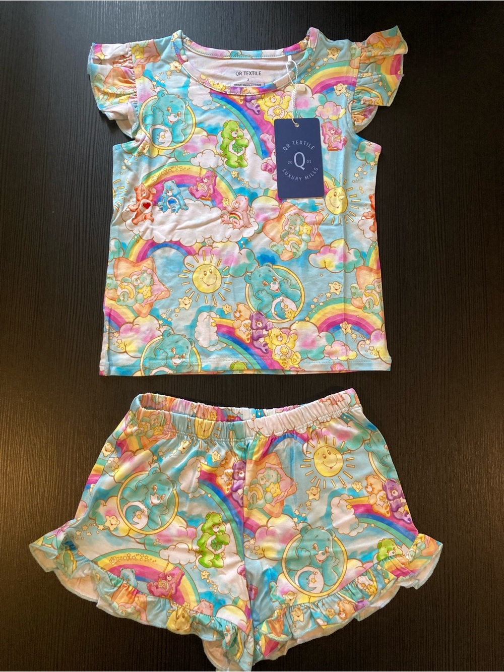 Little Snuggles Care Bears Bamboo Flutter Sleeve/Ruffle Shorts Pajama Set~Size 3